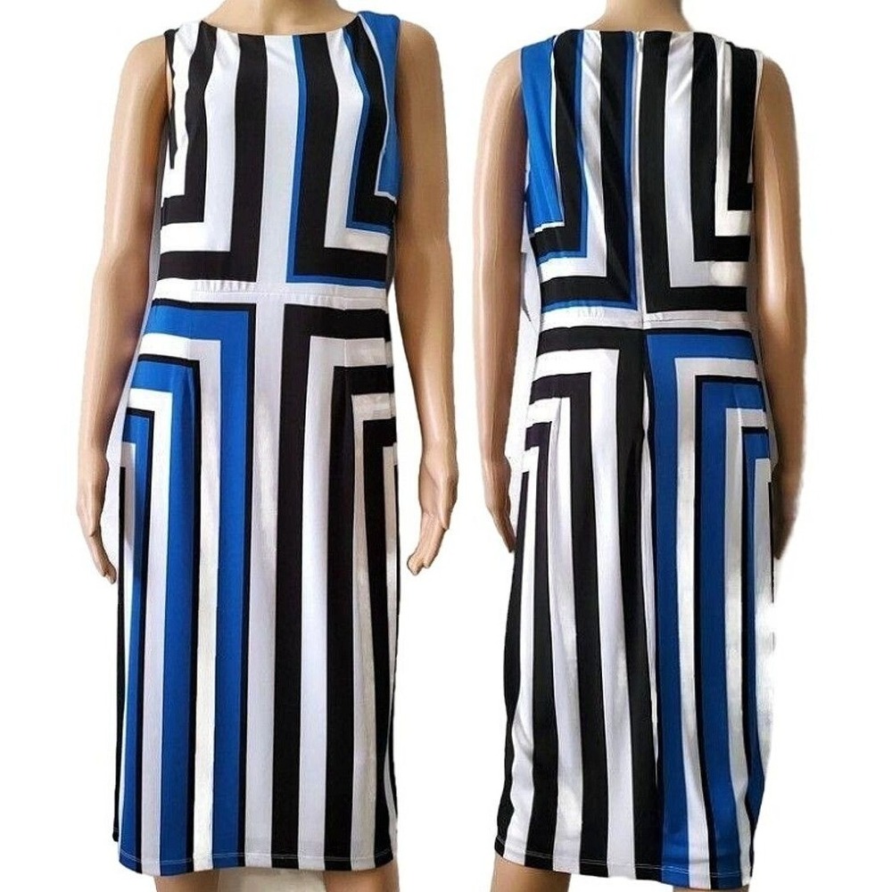 Maggy London Womens Stripe Printed Sleeveless Sheath Jersey Midi Dress Sz 10 NWT - Picture 2 of 14